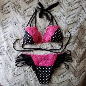 Beach Bunny Lady Lace Polka Dot Pinup Girl Bikini